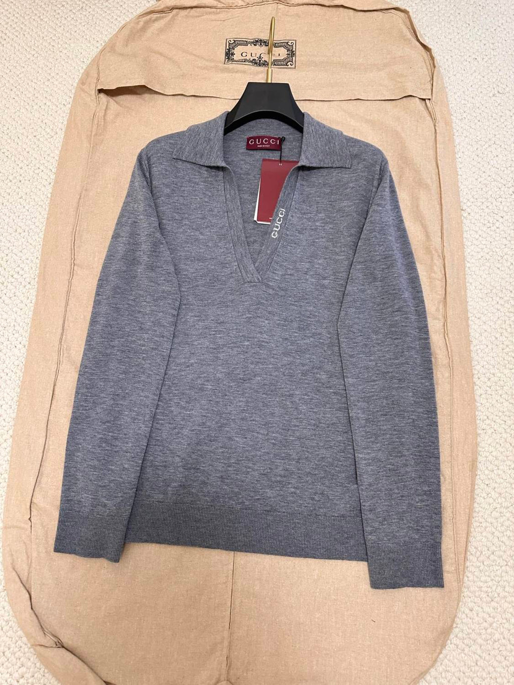 Women's Spring and Autumn Gray Letter V-Neck Loose Wool Long Sleeve Sweater #72845