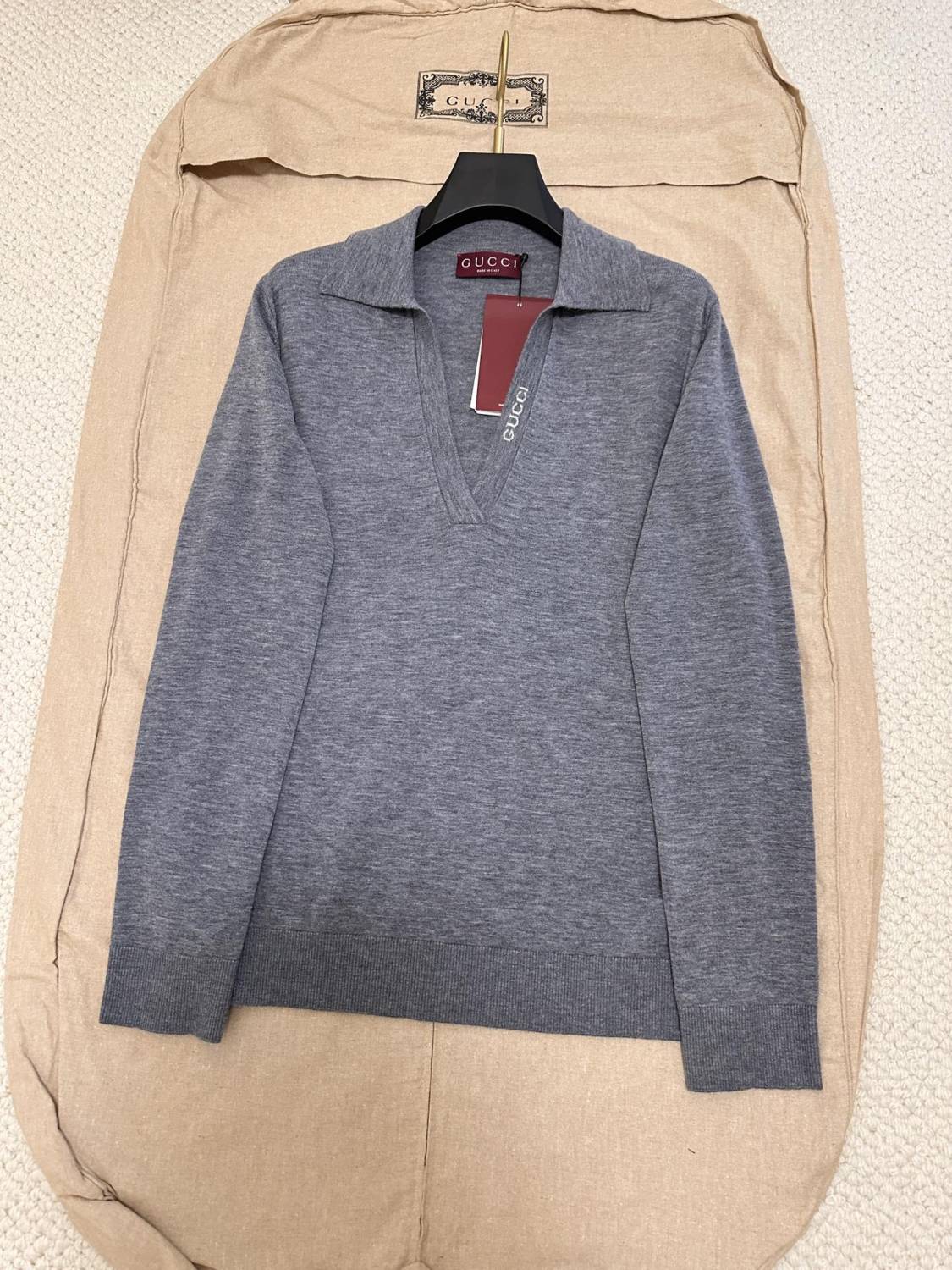 Women's Spring and Autumn Gray Letter V-Neck Loose Wool Long Sleeve Sweater #72845