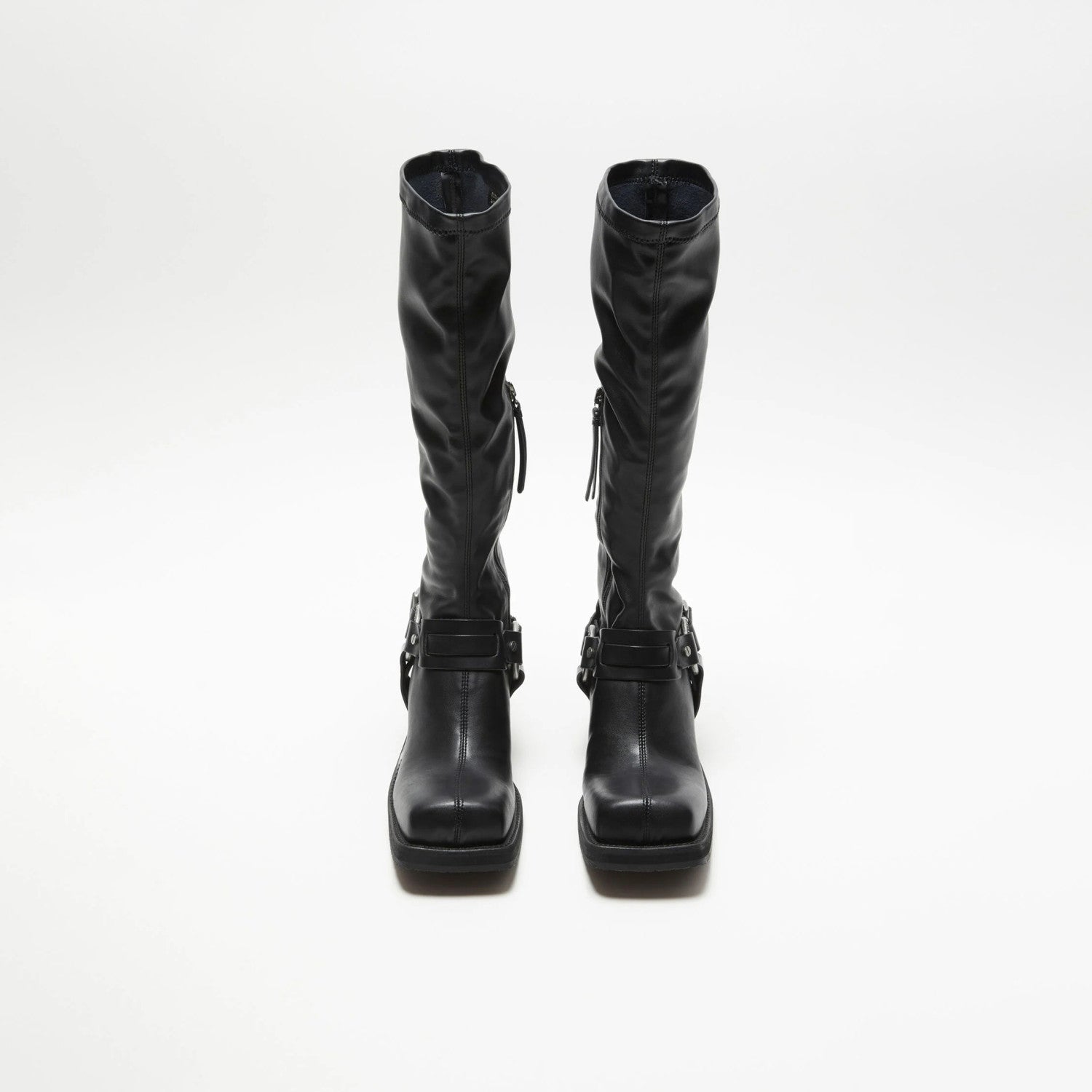 Acne Studios Women's Square Head Round Buckle Biker Boots Shoes Cowhide High Heel Elastic New Thick Heel Thick Bottom Knight Boots Long Tube Skinny Boots Ngvp #9856