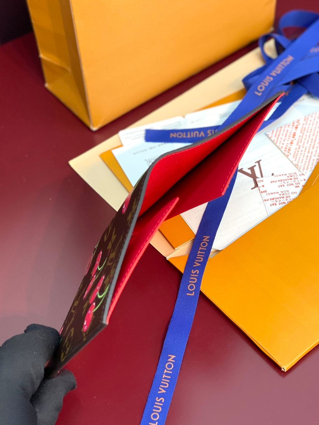 LV x TM Women's Brown Leather Passport Wallet with Cherry Pattern Print Bag Bags #77594