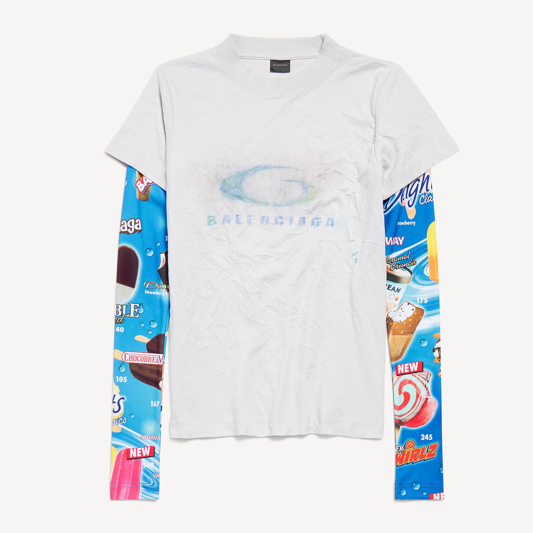 Washed Crayon Loop Distressed White And Blue Stretch Plain Weave Double-sleeve T-shirt Faux Two-piece Long-sleeve T-shirt For Women Spring/summer #194398