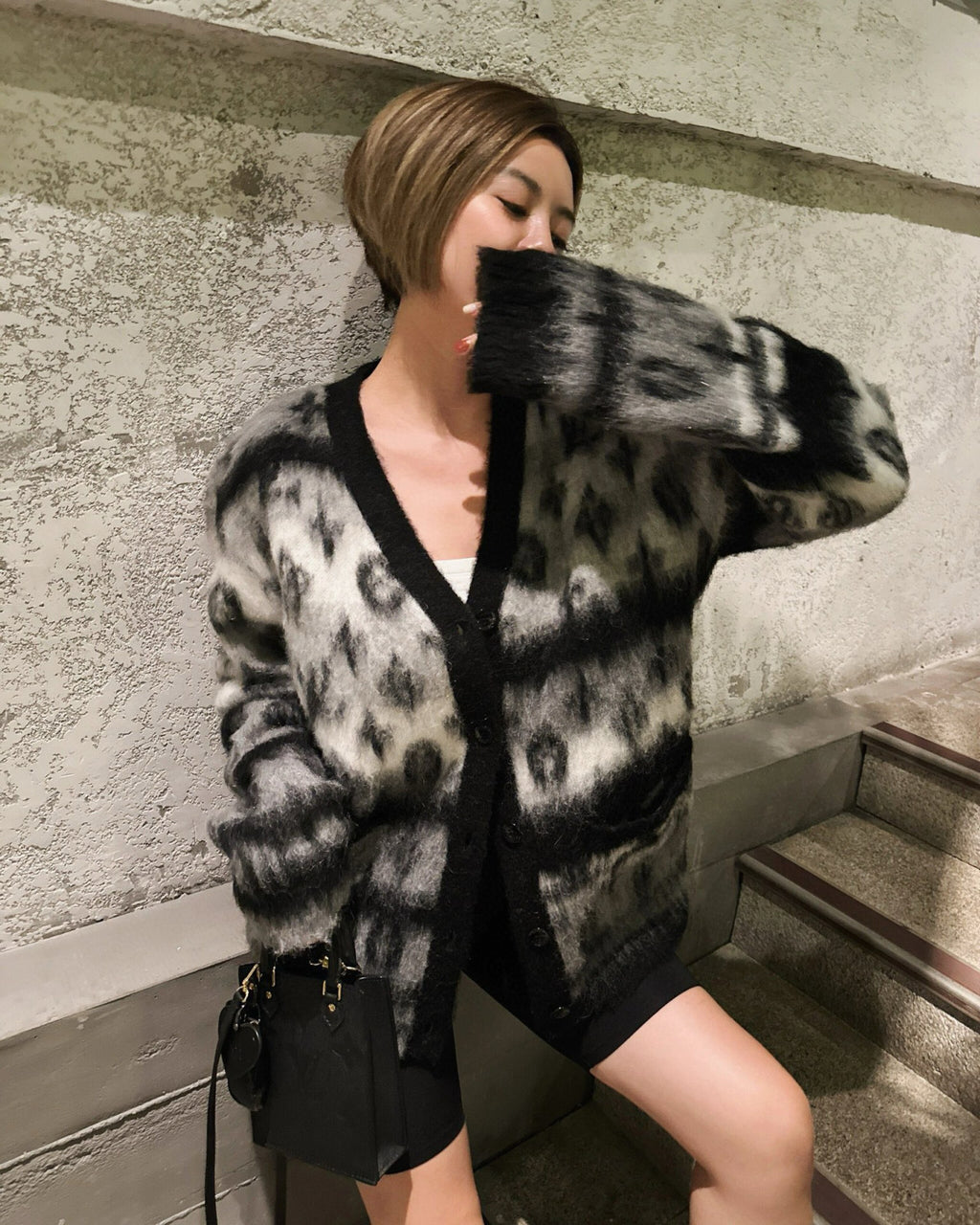 Men's Fall And Winter Black And White Jacquard Long Wool Sweater Cardigan Fashion Trend Single-breasted Long-sleeved Jacket #81626