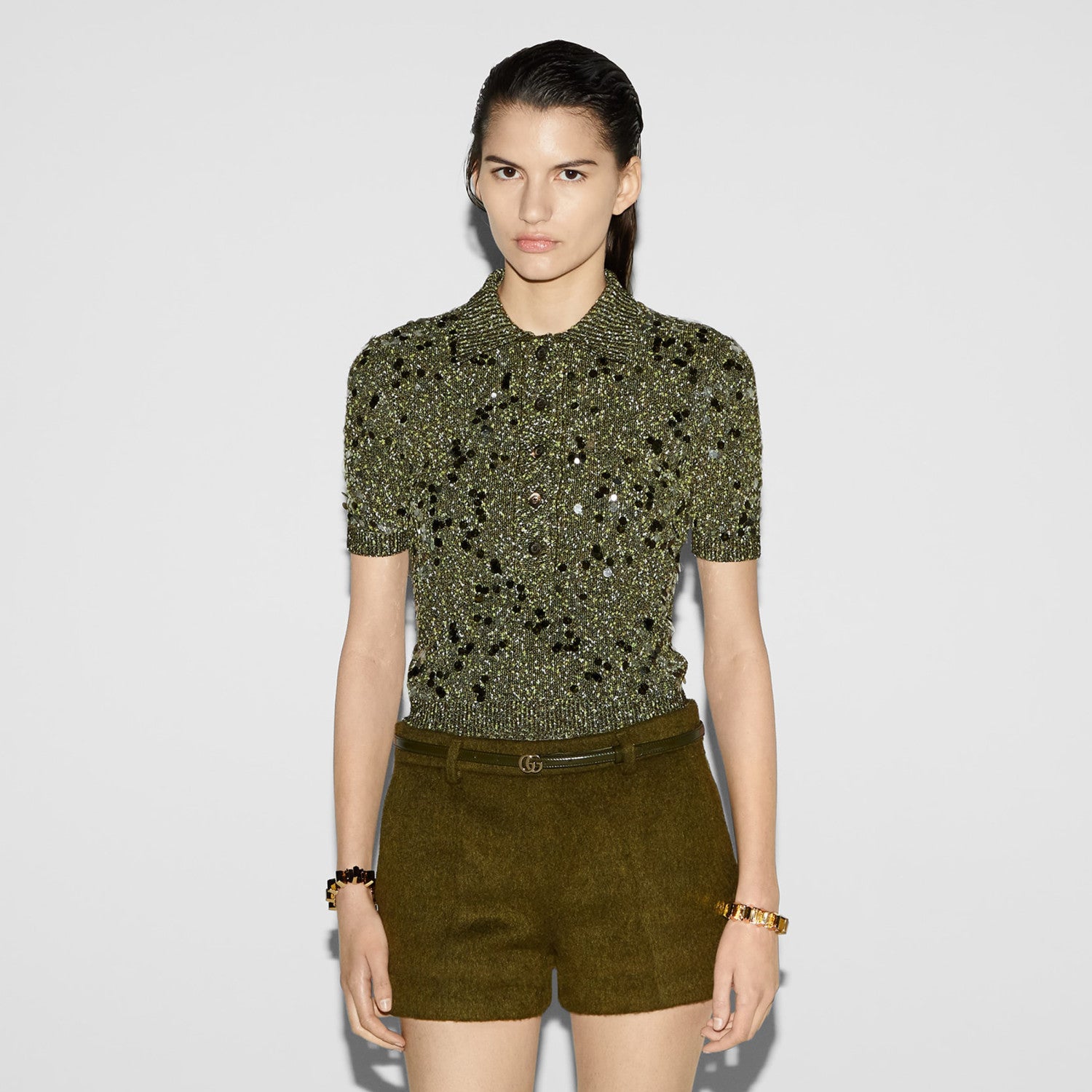 Women's Spring. Summer And Fall Full Print Sequin Embroidery Lapel Knit Short Sleeve Polo Shirt Ngvp #9761