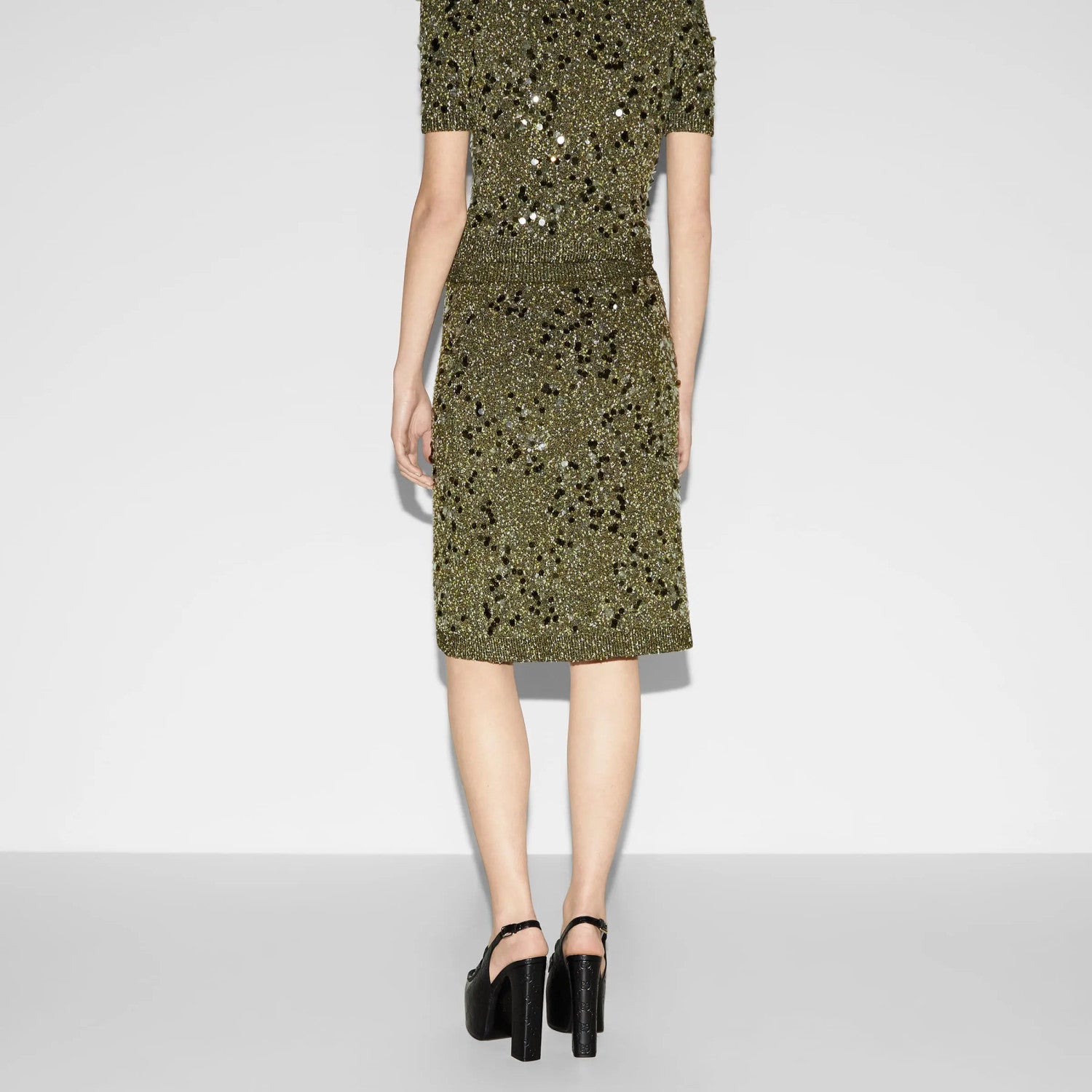 Women's Spring/summer Viscose Fibre Tweed Blend Polo Shirt Blue Green Sequin Embroidery Lapel Knit Top T-shirt Stretchy Straight Hem Skirt Short Skirt Suit Set  #81123