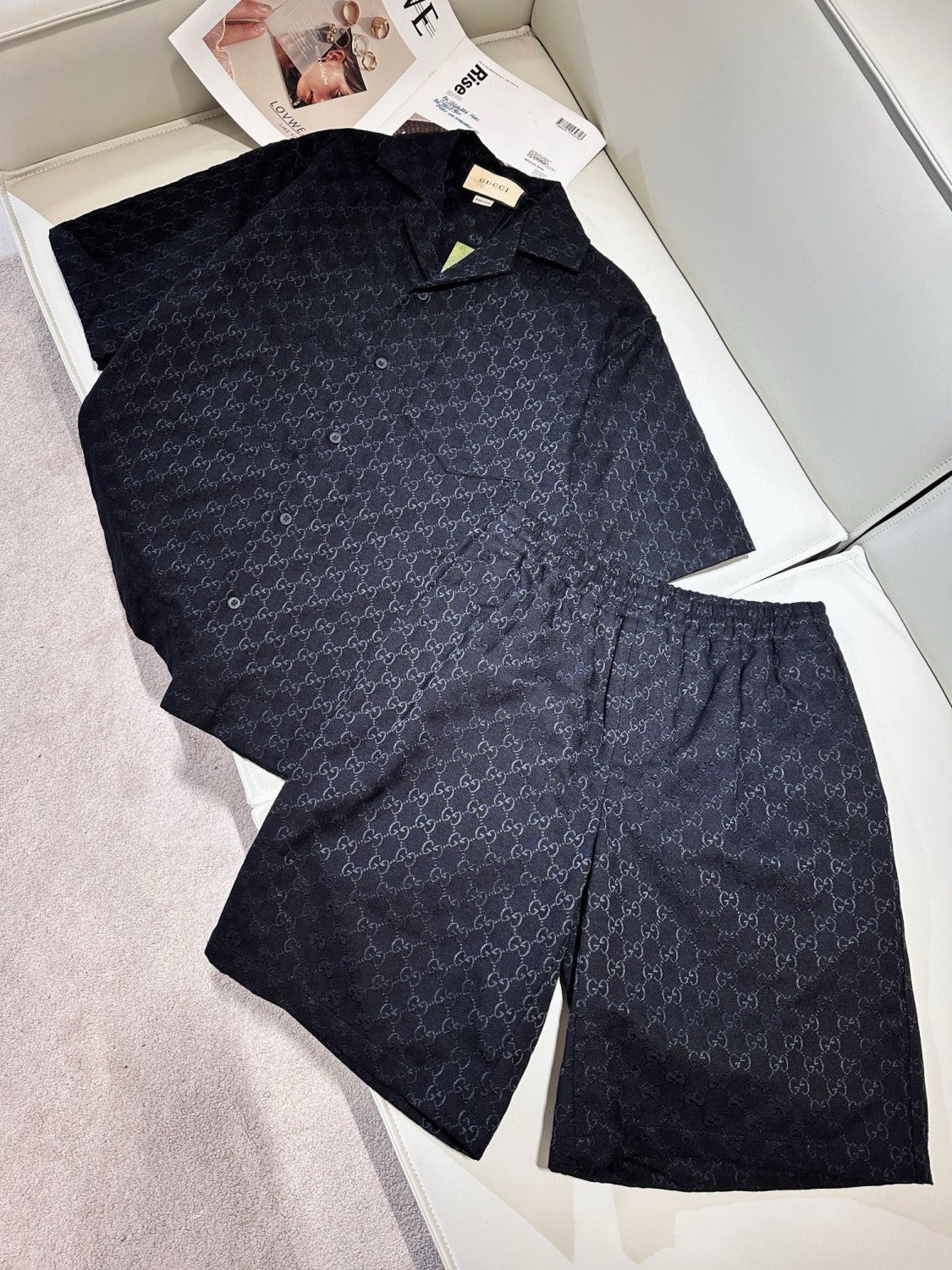 Men's Summer Black Full Printed Linen Short Sleeve Lapel Cotton Shirt Stretch Shorts Suit Set #98562