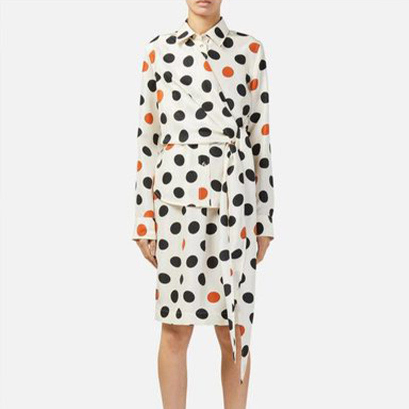 Women's Summer Polka Dot Printed Ribbon Lapel Long Sleeve Silk Shirt Ngvp #9945
