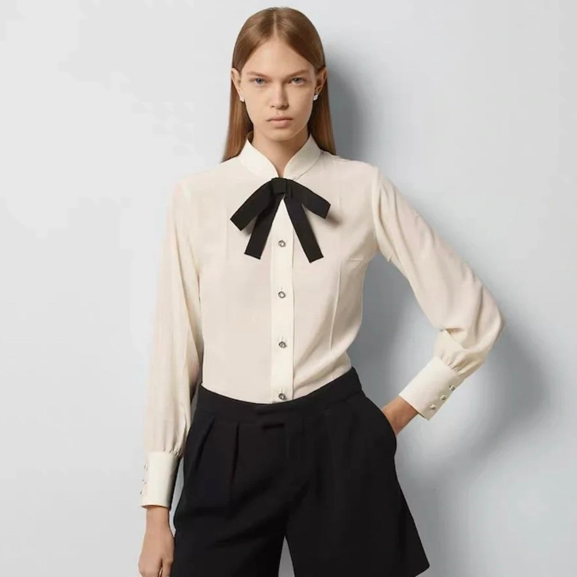 Women's Spring And Autumn Silk Lapel Long Sleeve Solid Color Fitted Shirt Ngvp #9615