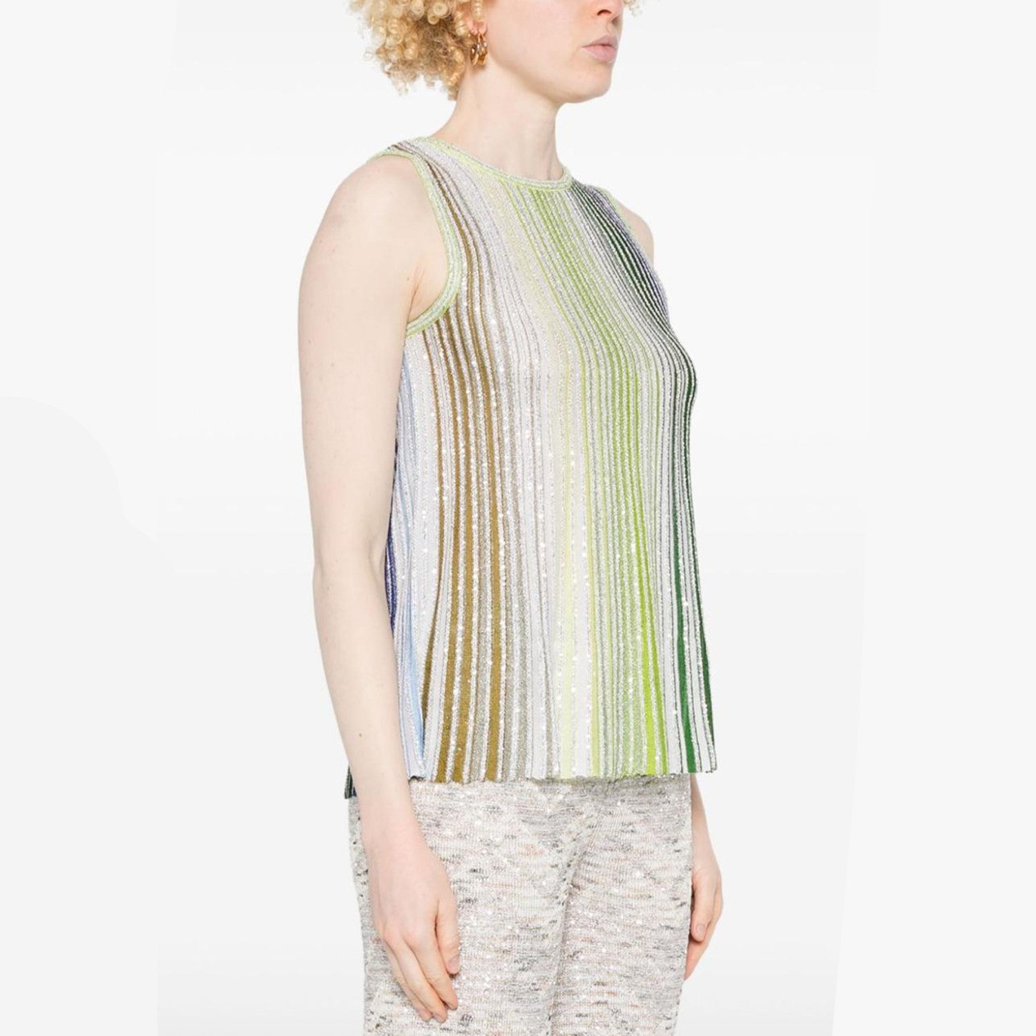 Missoni Women's Spring And Summer Fashion Elegant Colorful Striped Golden Silk Knit Clashing Sleeveless Vest T-shirt Casual Pants Set Suit Ngvp #1758