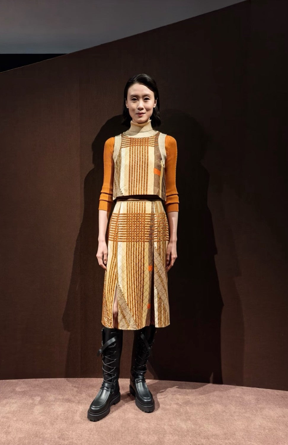 Women's Spring/Summer 2026 Silk printed check pattern Knitted and silk patchwork Shirt dress Suit Set #82539A