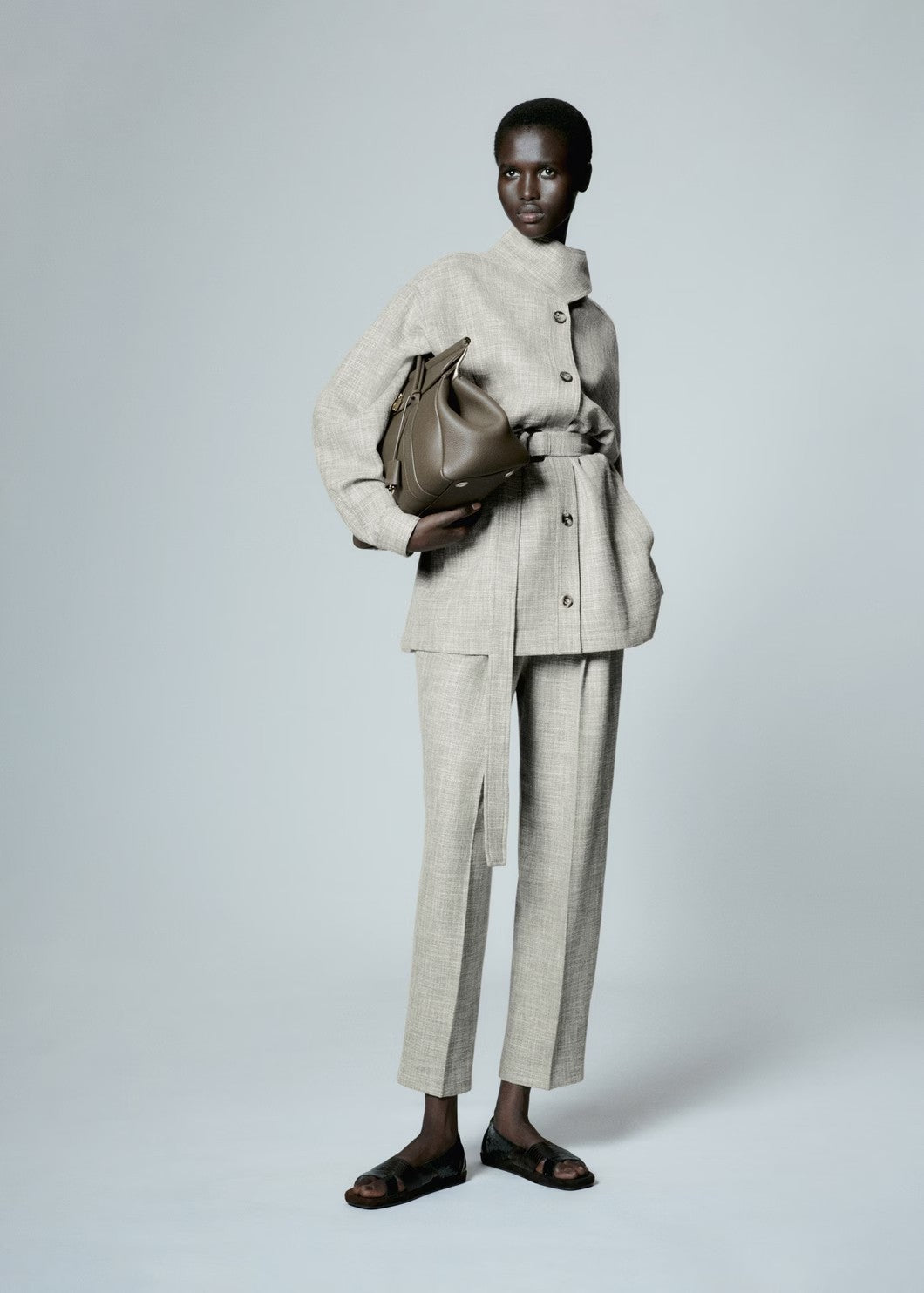 Women's Spring And Autumn Solid Color Standing Collar Single-Breasted Belt Wool Blend Ardian Jacket Casual High-Waisted Lien Pants Ngvp #9161