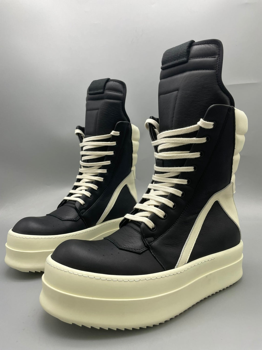 Men's And Women's Black And White Inverted Triangle High Top Lace Up Cowhide Shoes #77917