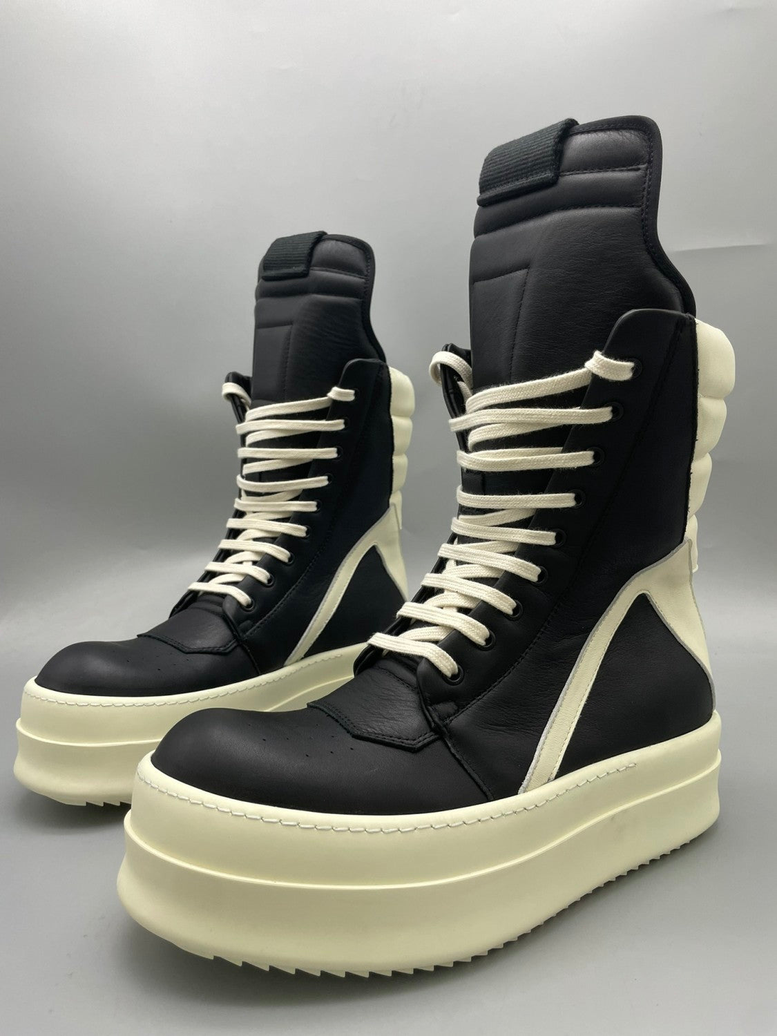 Men's And Women's Black And White Inverted Triangle High Top Lace Up Cowhide Shoes #77917