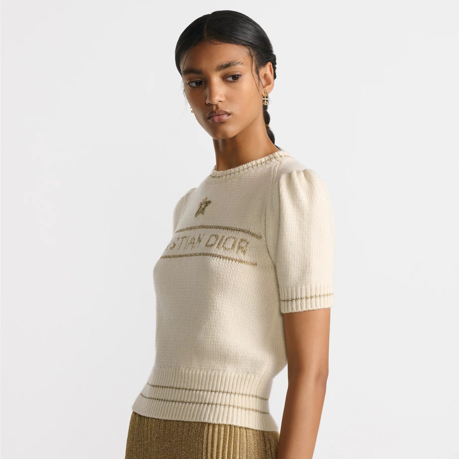 Women's Summer White Logo Round Neck Cashmere Knit Short Sleeve T-Shirt #74553