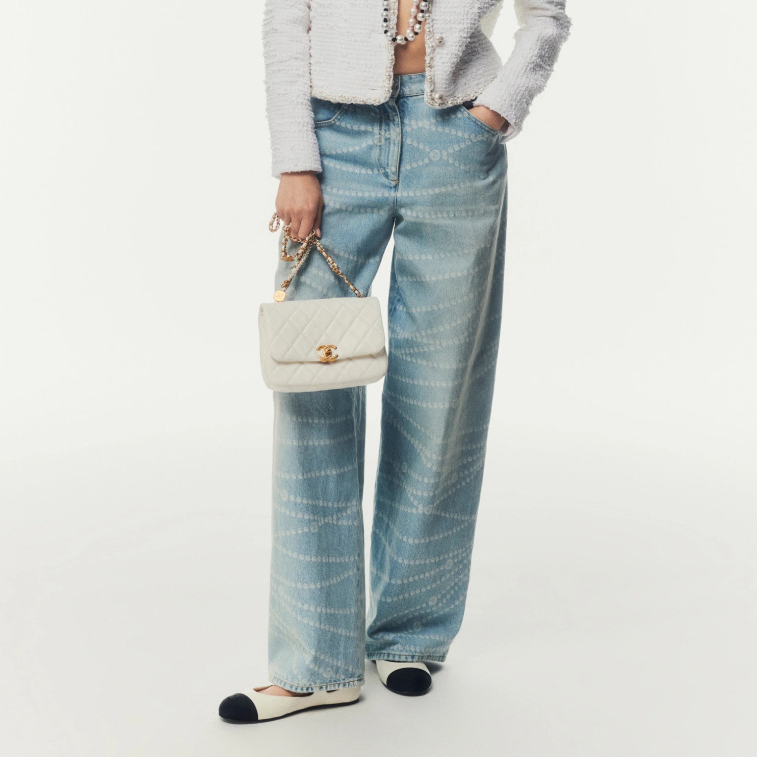 Women's Chain Printed Zipper Casual Wide Leg Pants Four Seasons Loose Cotton Denim Trousers Pants #76228