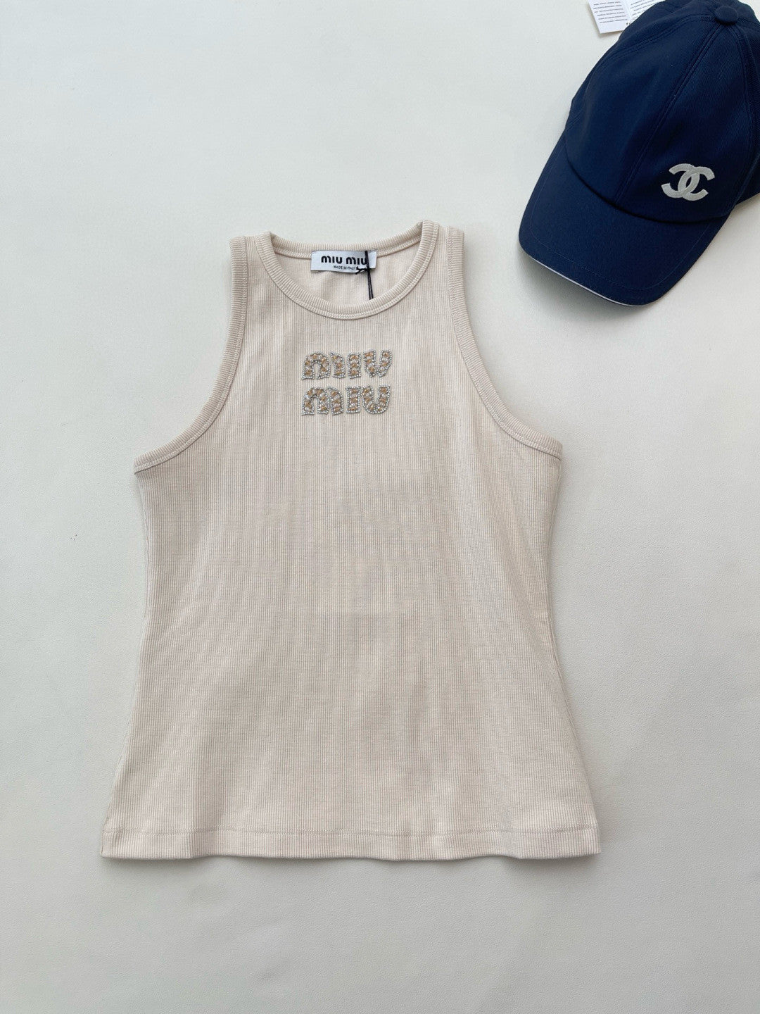 Women's Summer Solid Color Embroidery Beaded Letter Print Round Neck Sleeveless Tank Top Vest #75116