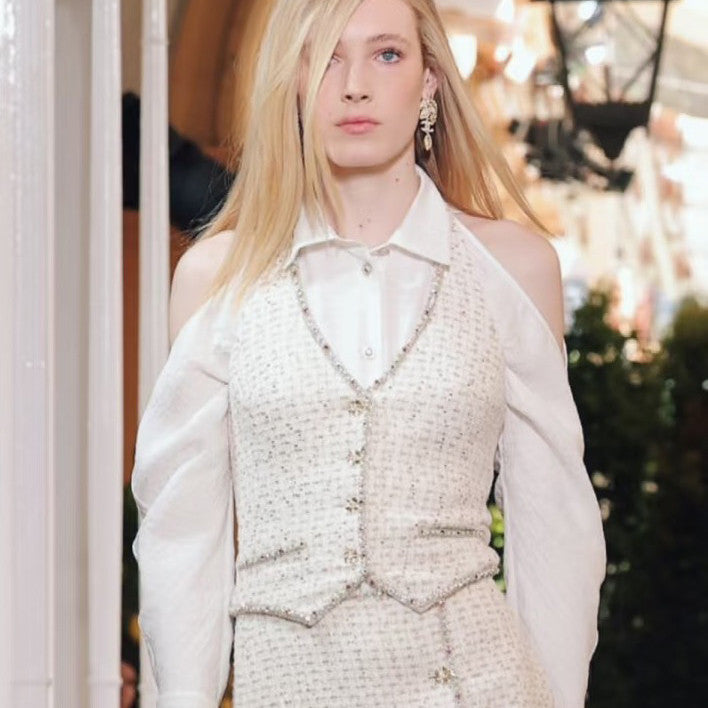 UK Mi Luxury Fashion 26SS Beaded Tweed Halter Vest Top Jacket Skirt Set Suit #194254