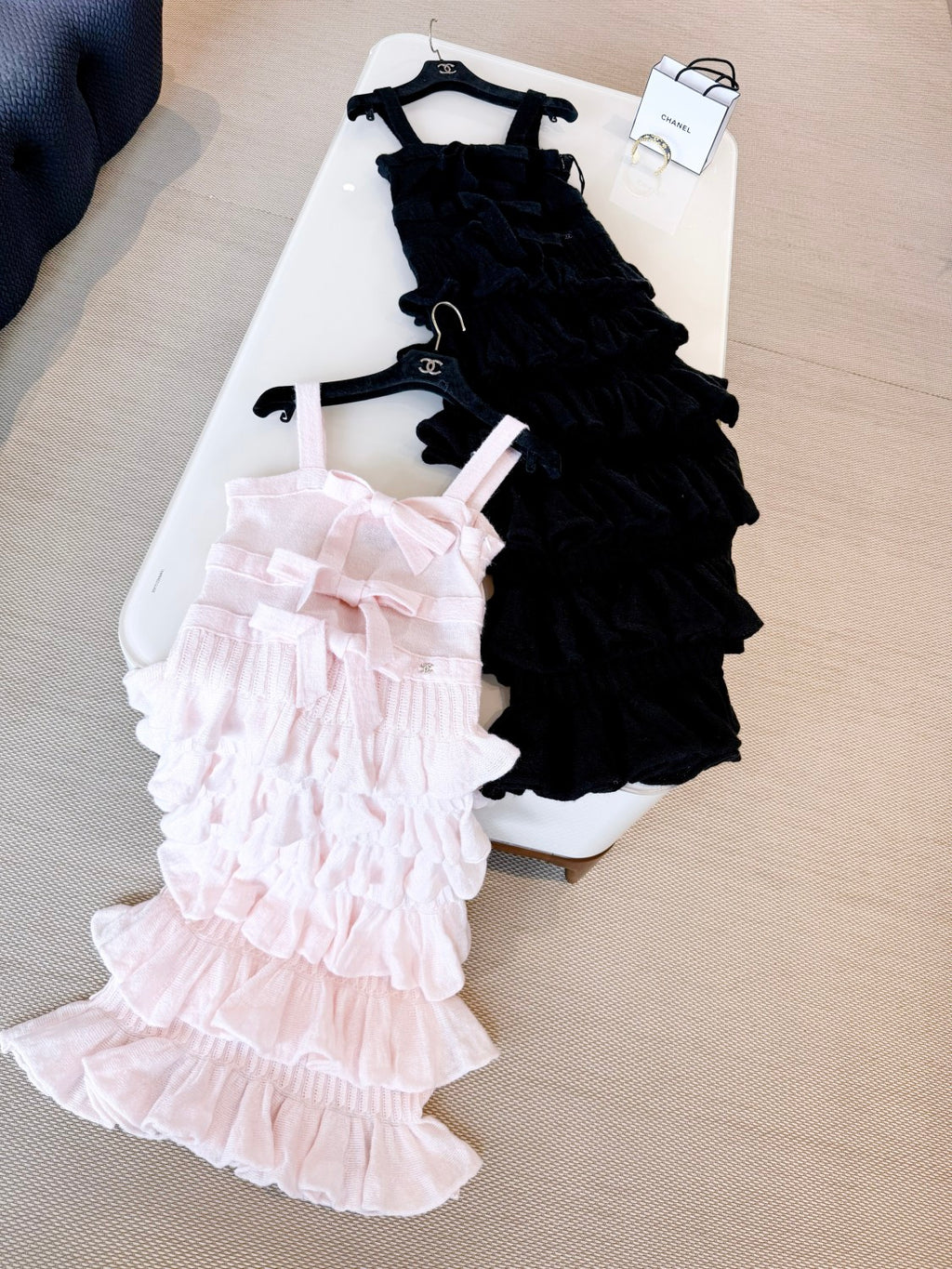 25K Solid Color Pleated Knitted Design Suspender Long Dress Mohair And Silk Light Pink #332234