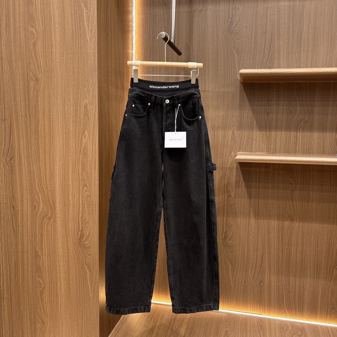 Women's Faux two-piece design Double-layered waistband Curved cut details Workwear-style denim pants #82533A