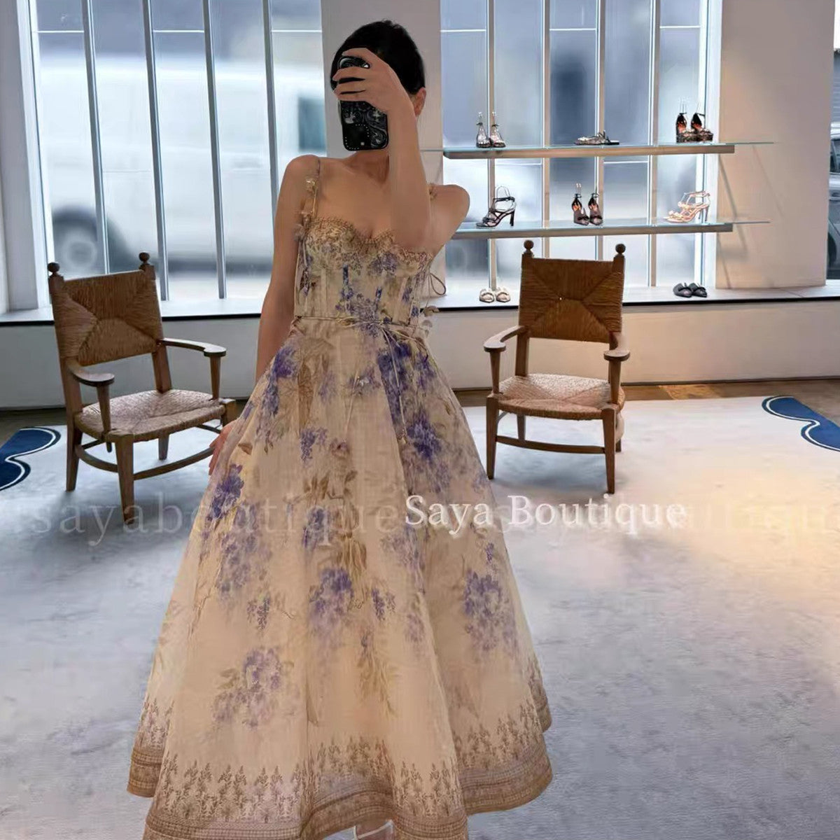 Dawning Picnic Dress Women's Spring And Summer Silk Linen Mid-length Dress Heart-shaped Neckline Spaghetti Straps Large Hem Dress Fashionable Temperament Elegant Luxury Dresses #81131