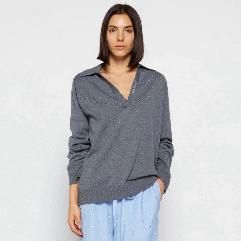 Women's Spring/Summer Solid Color Logo Letter Printed Polo Neck Pullover Long Sleeve T-Shirt #73822