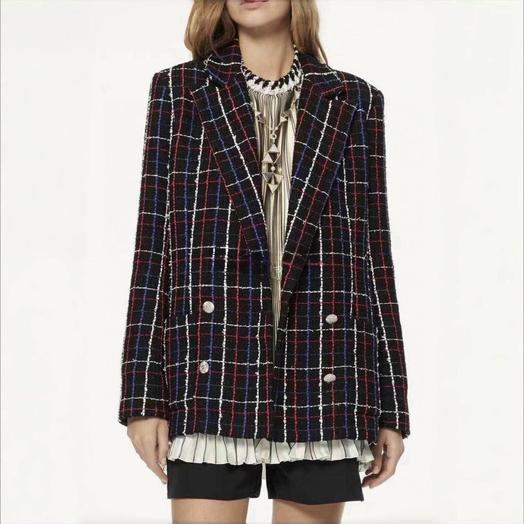Women's Spring And Autumn Plaid Cotton Tweed Lapel Casual Fashion Long Sleeve Slim Tweed Jacket Ngvp #9127