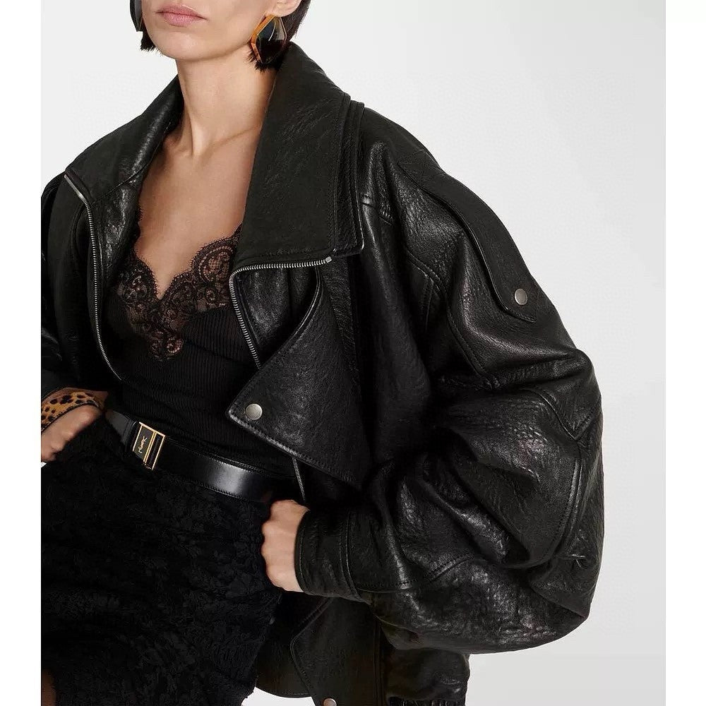 Women's Spring. Fall And Winter Black Adjustable Belt Lapel Zipper Lambskin Long Sleeve Fitted Bomber Jacket Ngvp #8859