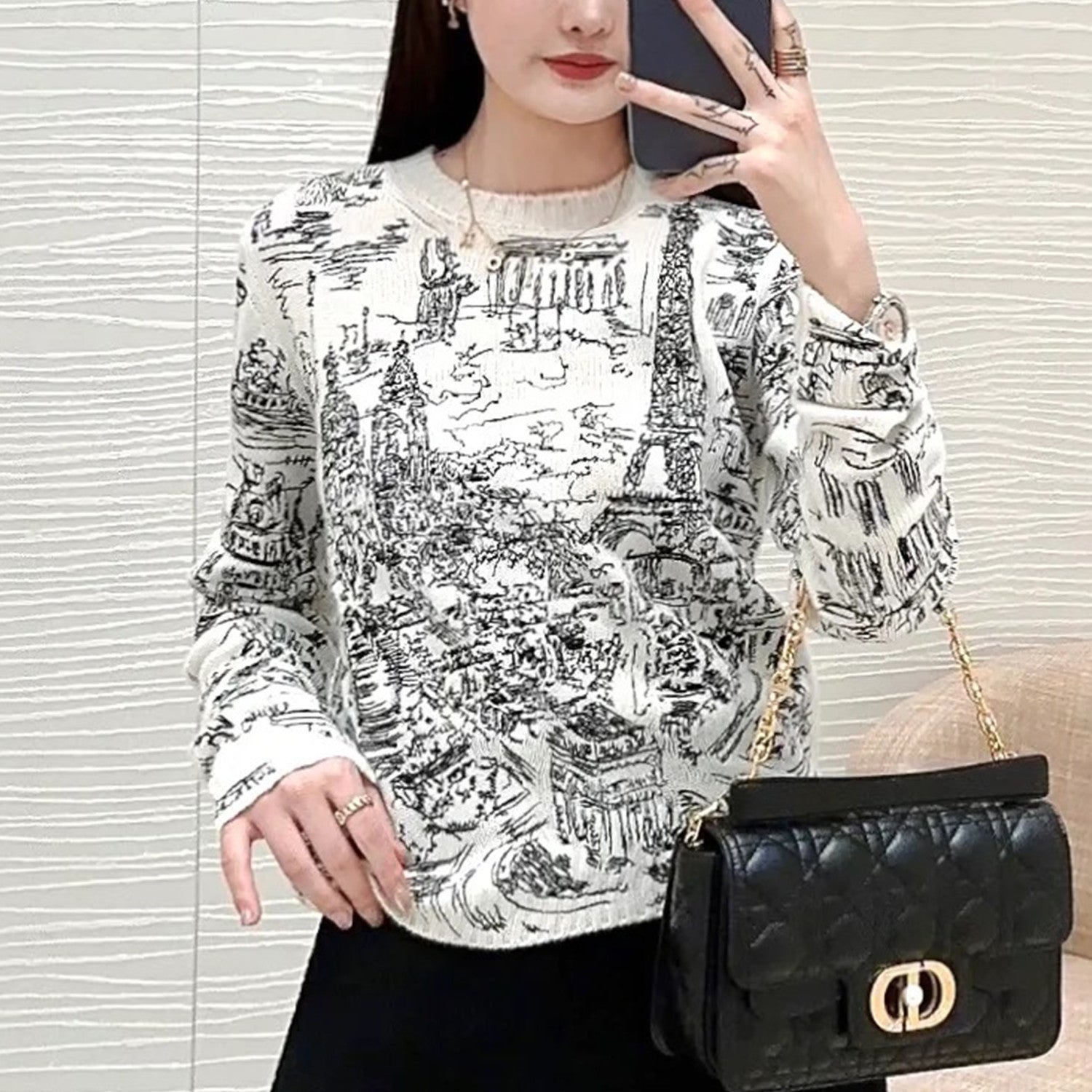 Women's Spring And Autumn Paris Lines Hand-painted Style Embroidered Wool Knit Crew Neck Sweater Ngvp #8733