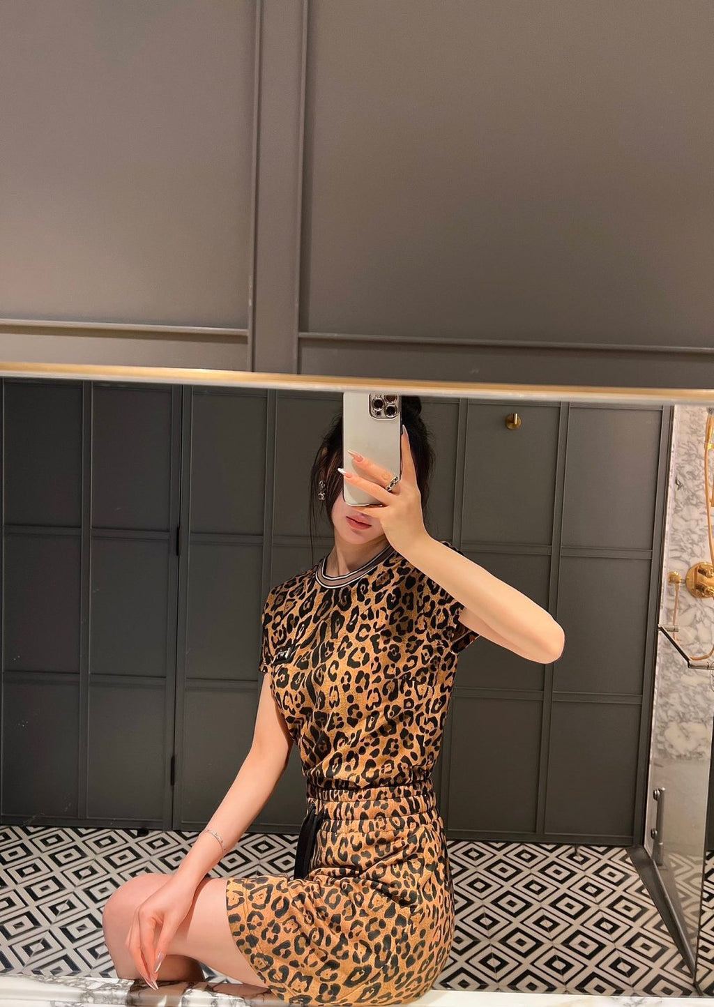 Women's Summer Leopard Crespo Cotton Round Neck Short Sleeve T-Shirt Casual Mini Skirt #71648