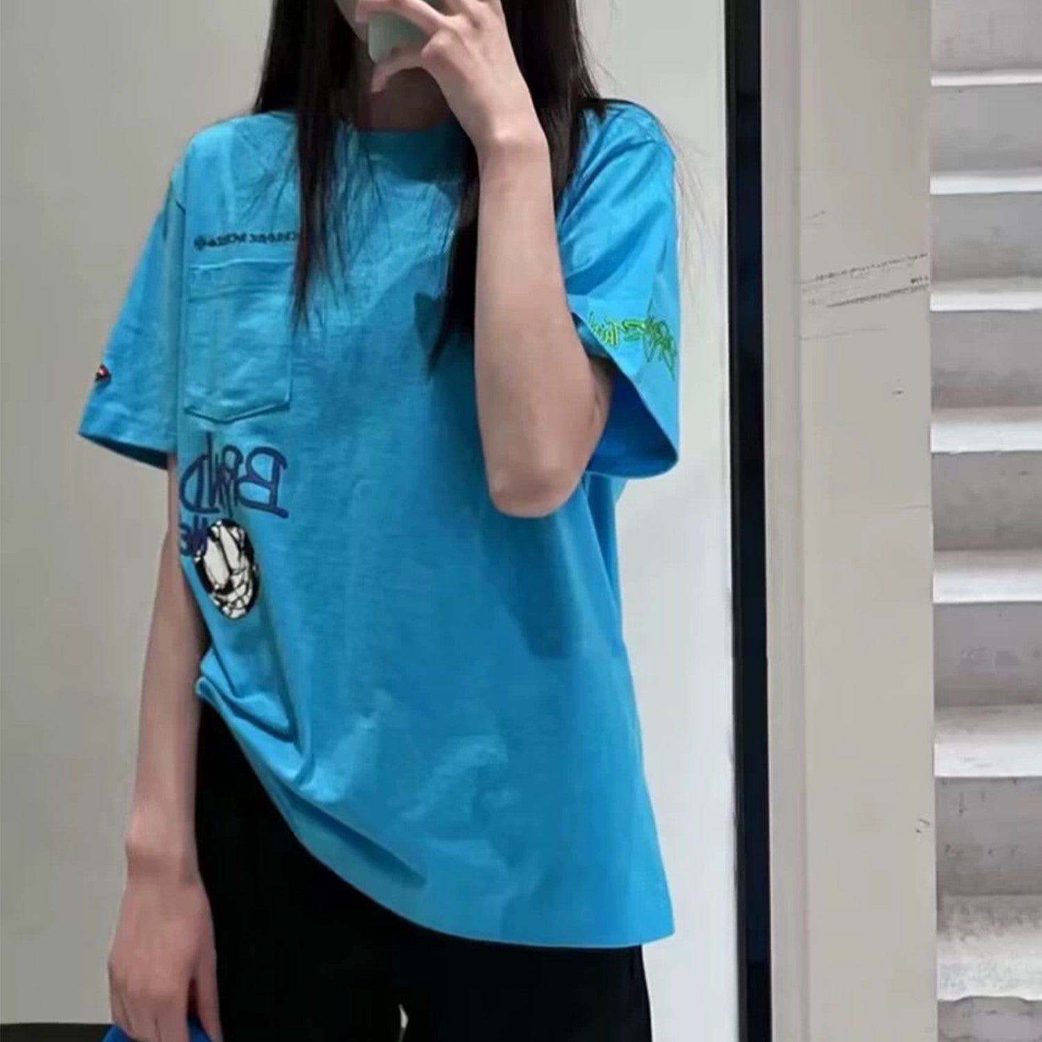 Men's Women's Spring And Summer Fashion Letter Graffiti Blue Short Sleeve Body Shirt Round Neck Loose Casual #98726