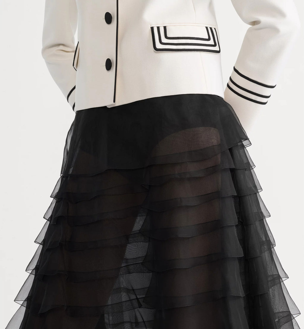 Women's Spring/summer Organza Ruffled Midi Skirt Black & White Solid Color Fashionable Elegant Delicate Skirt #82137A