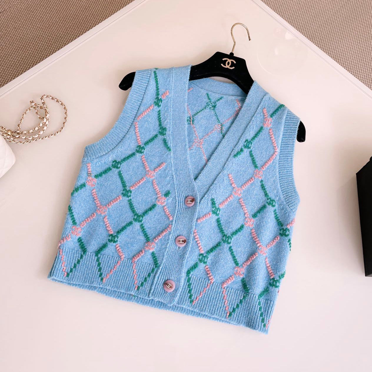 Women's Spring and Autumn Plaid Cashmere Crochet Two-color Knit Single-breasted Vest Jacket #73197