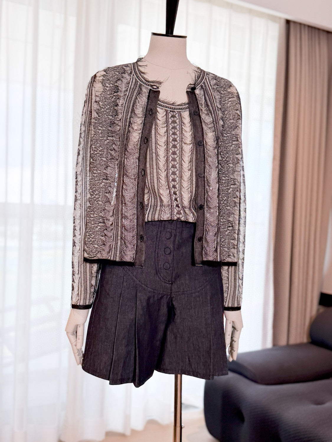 Women's Spring/Summer/Fall Striped Embroidered Lace Hollow-Out Solid-Color Single-Breasted Round-Neck Knit Cardigan Ngvp #2398