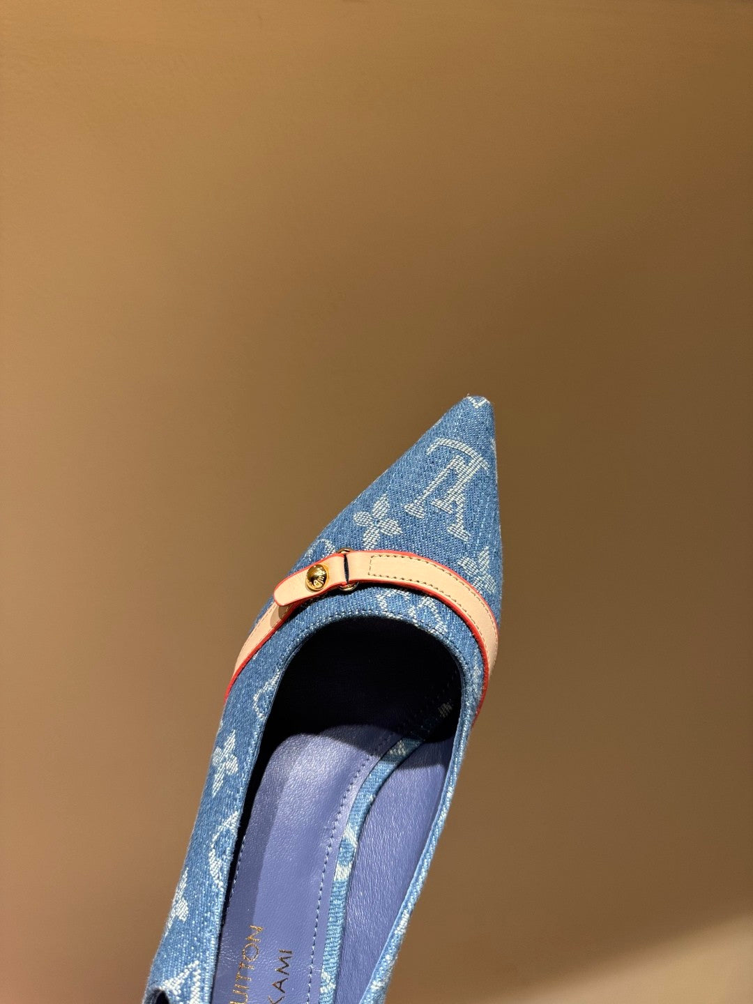 Women's Pointed Denim Print Metal Buckle Fine Heel Cherry Heel Retro Solid Color High Heels Casual Slippers Shoes #77858