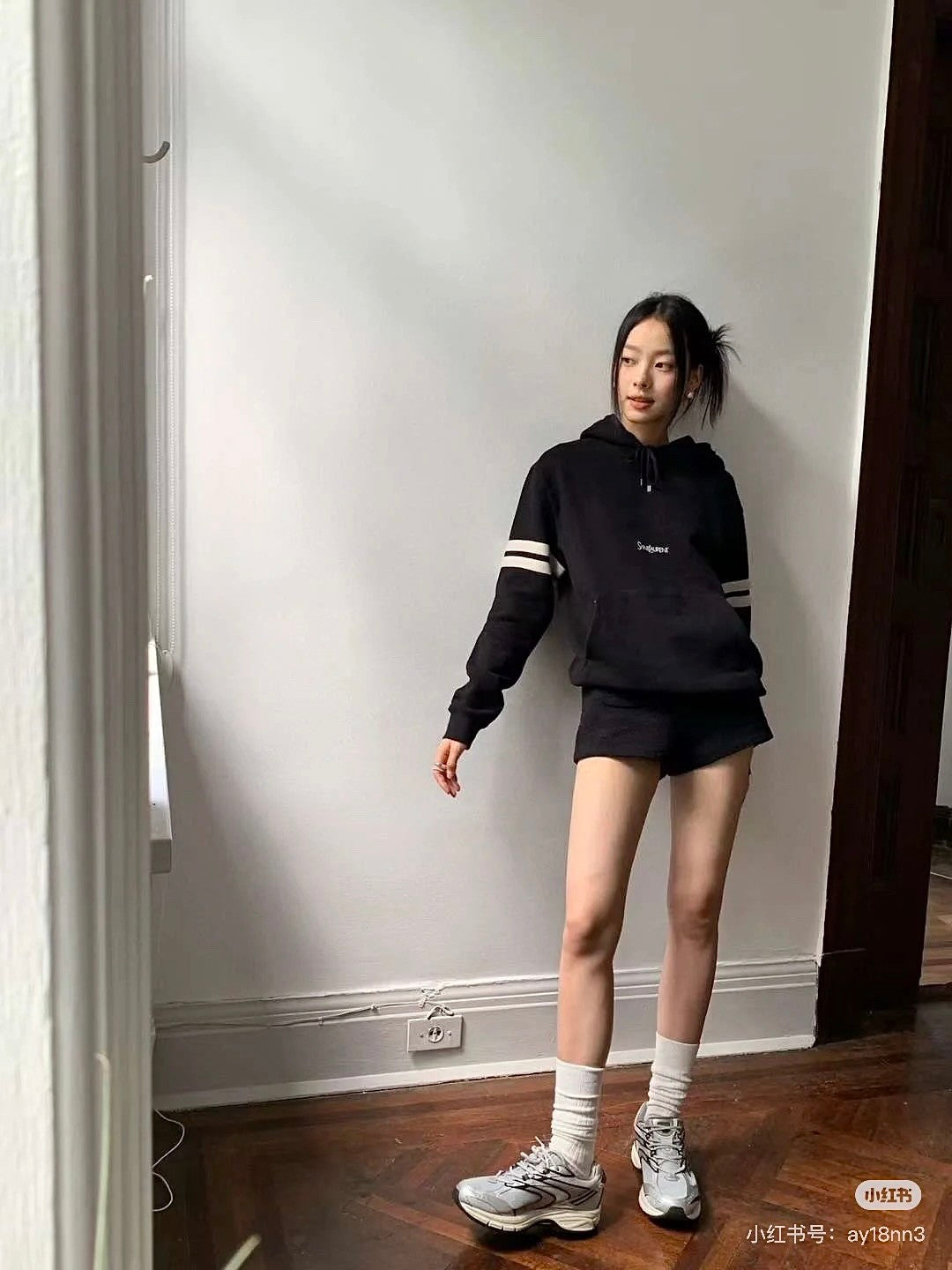 Women's Spring and Autumn Black Striped Hooded Drawstring Long Sleeve Sweatshirt Pullover #72918