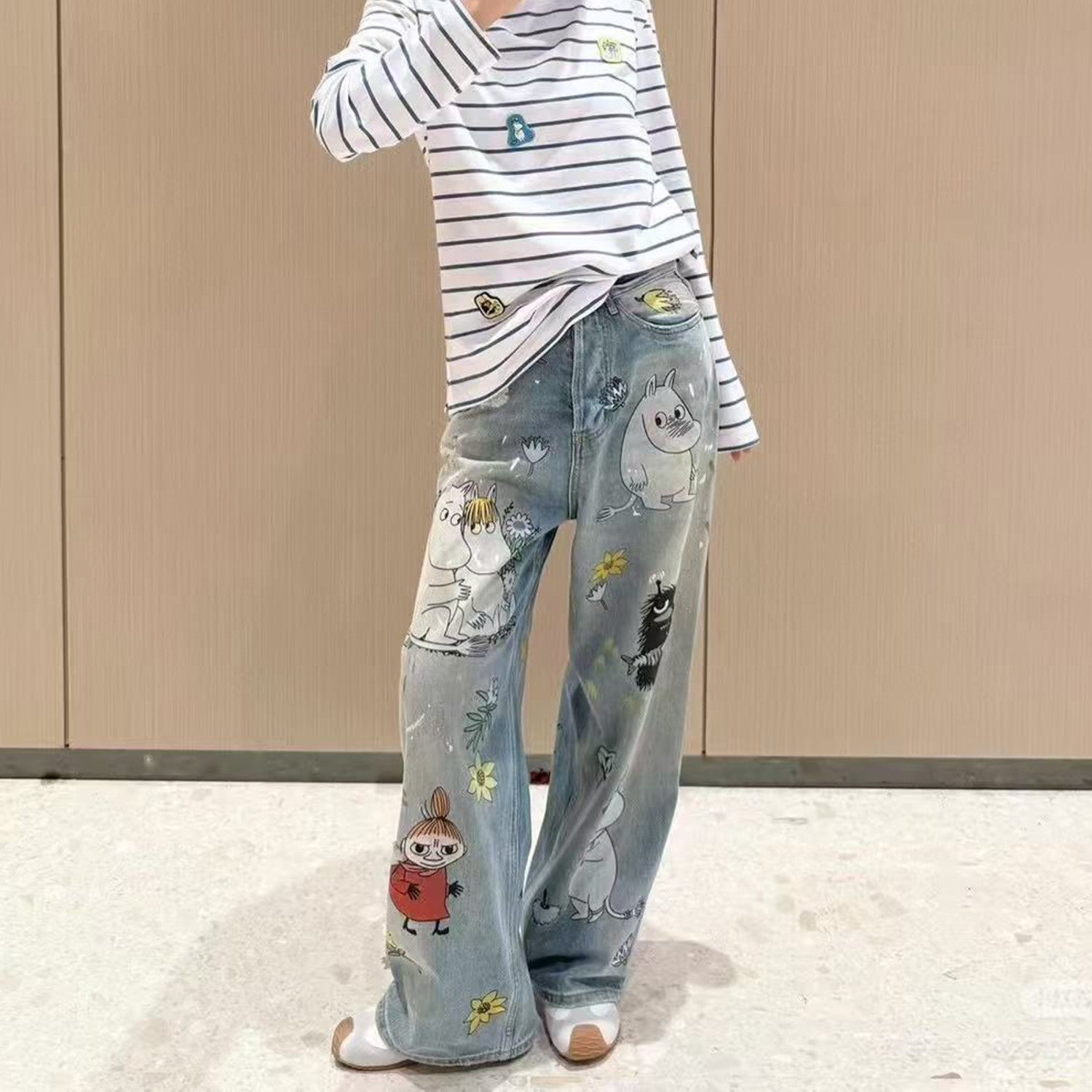 X Moomin Women's Spring/summer Straight Leg Casual Anime Print Fashionable High Street Wide Leg Loose Fit Denim Pants Ngvp #2176