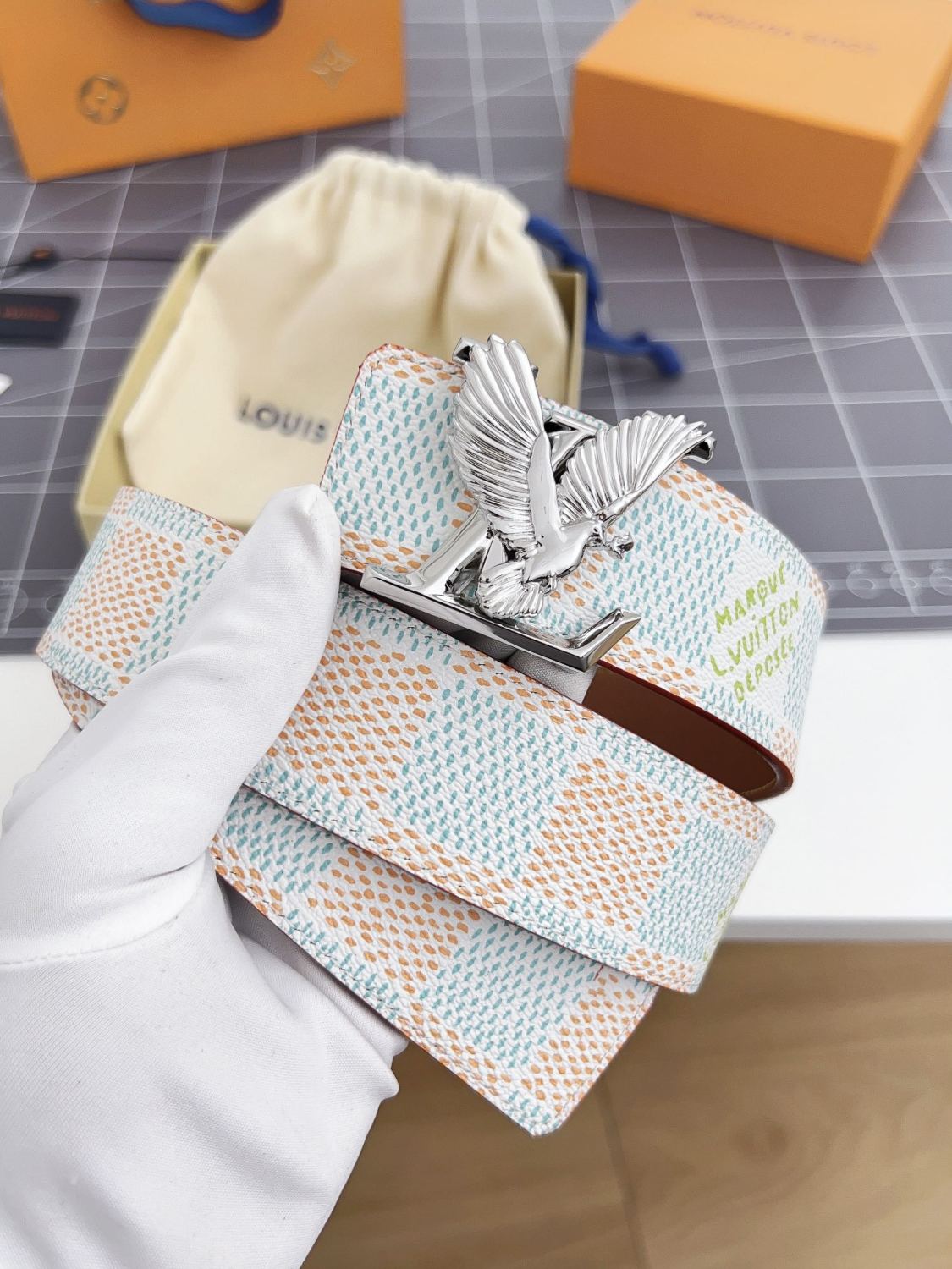 Men's Metal Eagle Buckle Color Checkered Letter Logo Leather Belt Accessory #72695