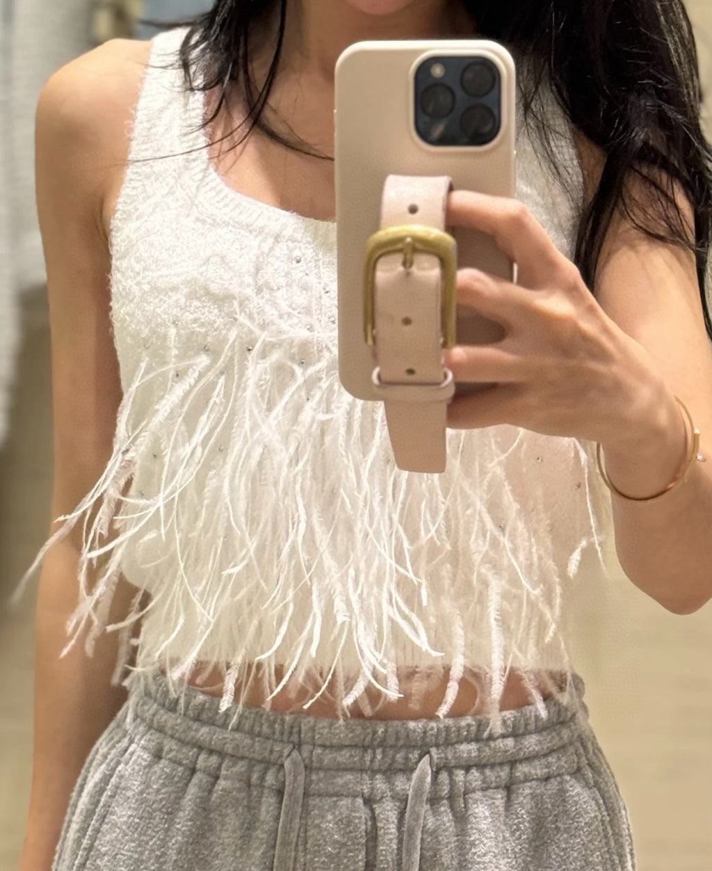 Women's High Street Spring And Summer Solid Color Feather Hot Drill U Neck Cotton Silk Sleeveless Pullover Undershirts Vest Ngvp #1547