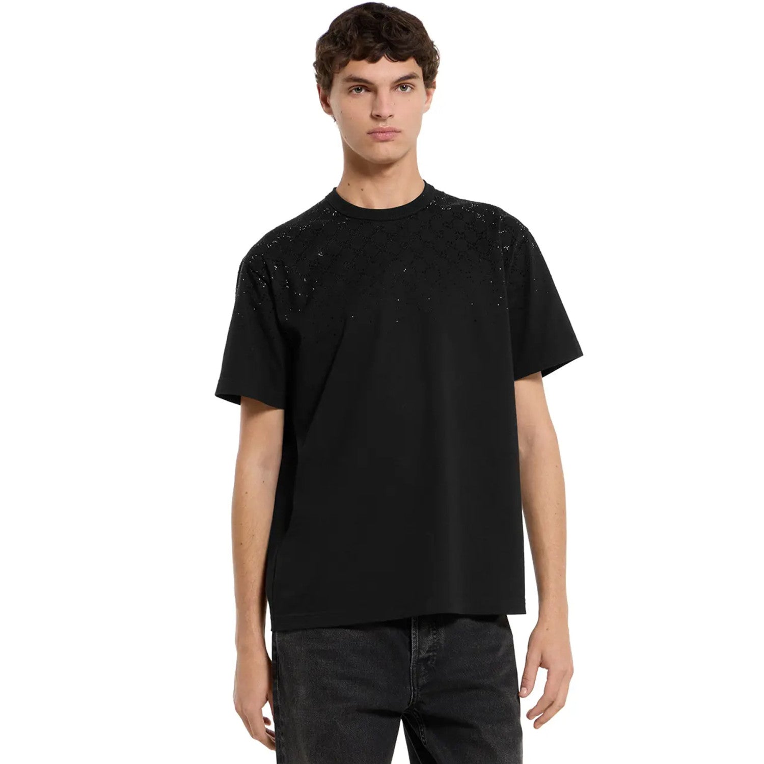 Men's Spring/Summer GG-Embellished Imitation Crystal Knit Cotton T-Shirt Black Gradient Subtle Short-Sleeve Fashionable Trendy T-Shirt #194064