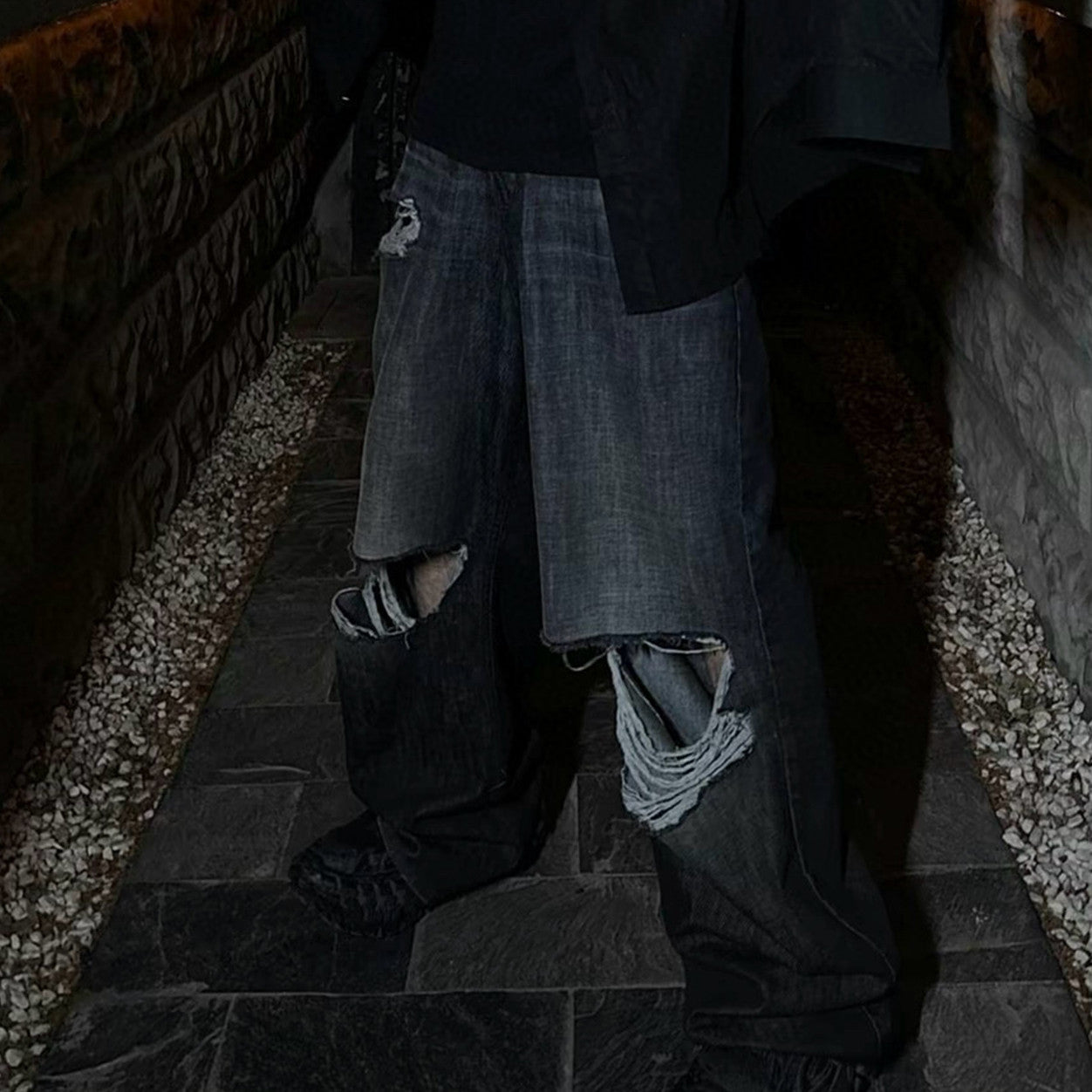 Men's Four Seasons Black Cotton Mid Waist Loose Ripped Denim Pants Ngvp #8181