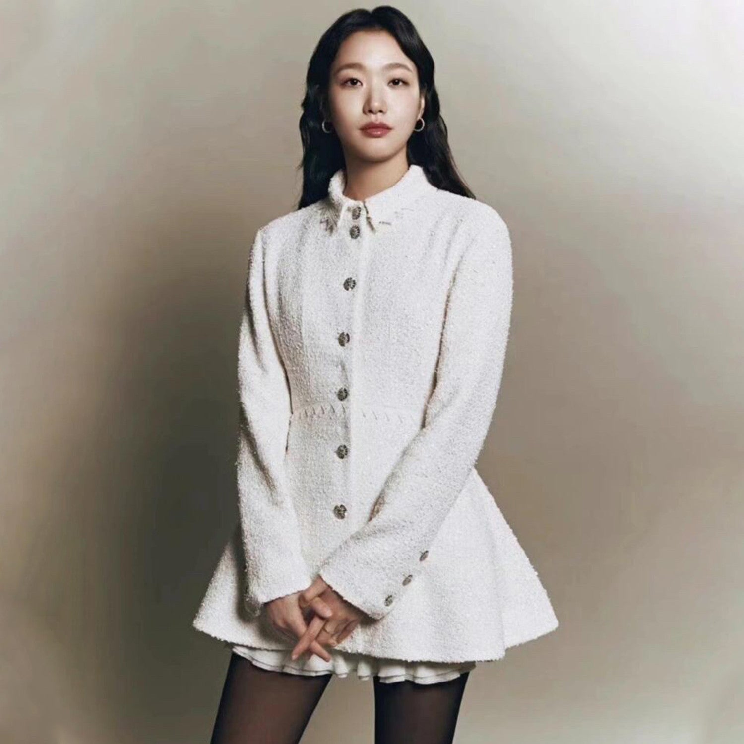 Women's Spring And Autumn White Sequin Lapel Single Breasted Coarse Tweed Waist Jacket Dress Ngvp #8526