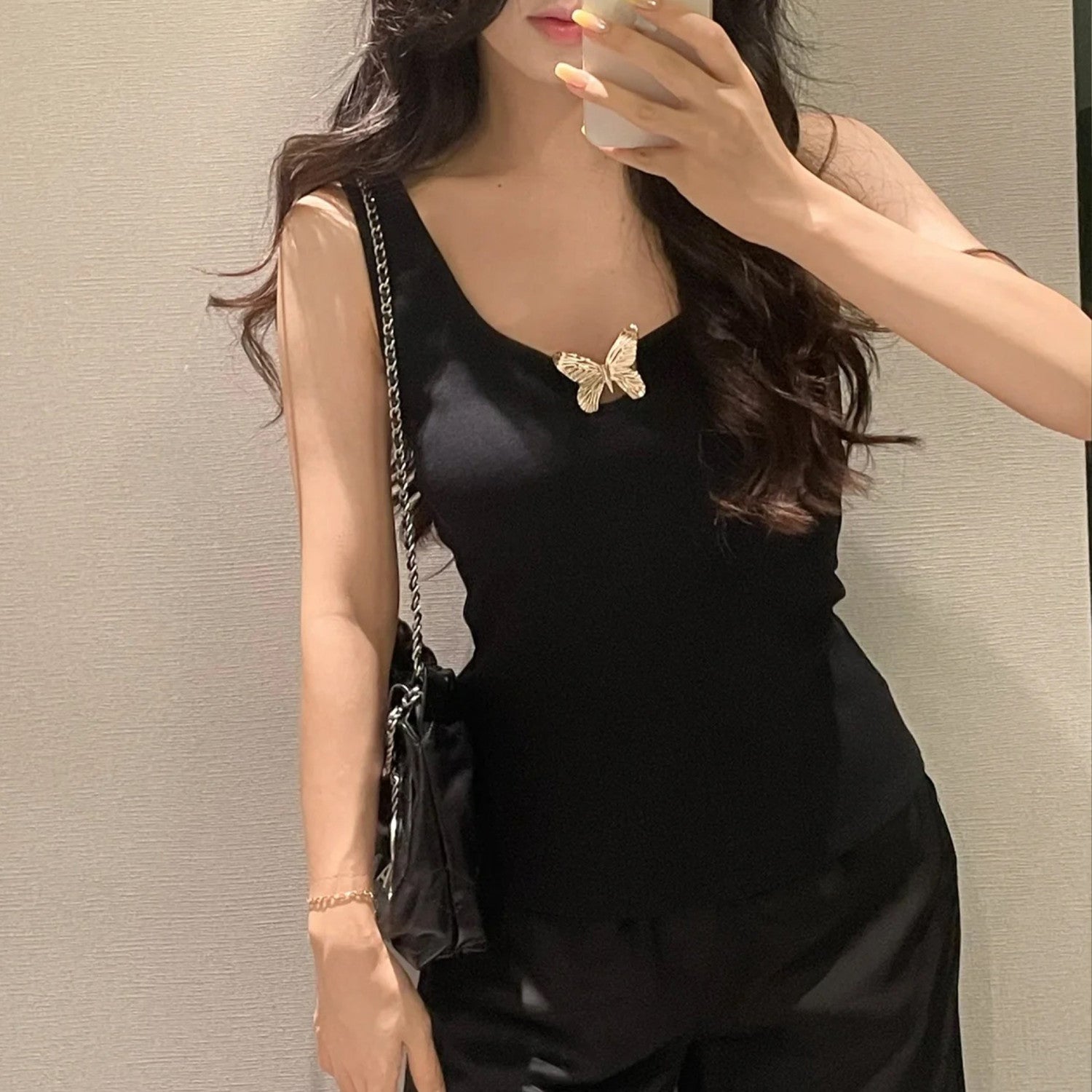 Blumarine Women's Spring And Summer Delicate Butterfly Metal Jewelry Vest Stretch Black Undershirt Fashion Casual Knit Sleeveless Tops Ngvp #8912