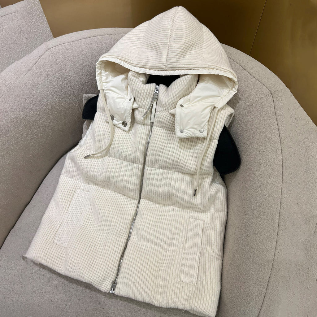 Women's Fall/winter Cotton British Ribbed Knit Down Vest Hooded Drawstring Sleeveless Jacket Ngvp #2417