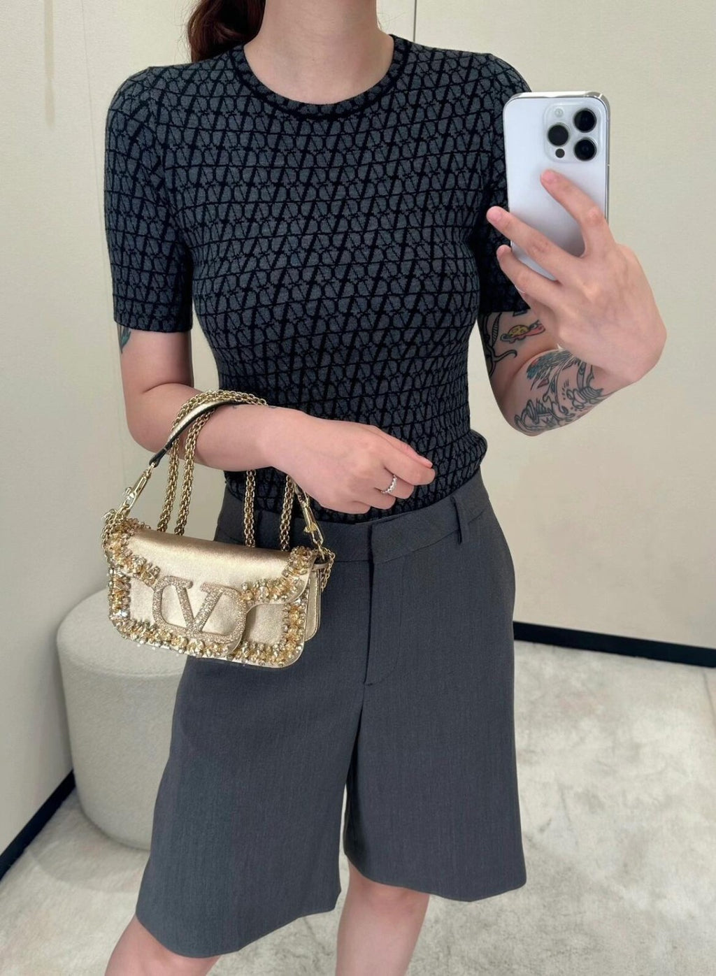 Women's Summer Logo Jacquard Embroidery Round Neck Knit Short Sleeve T-Shirt #73387