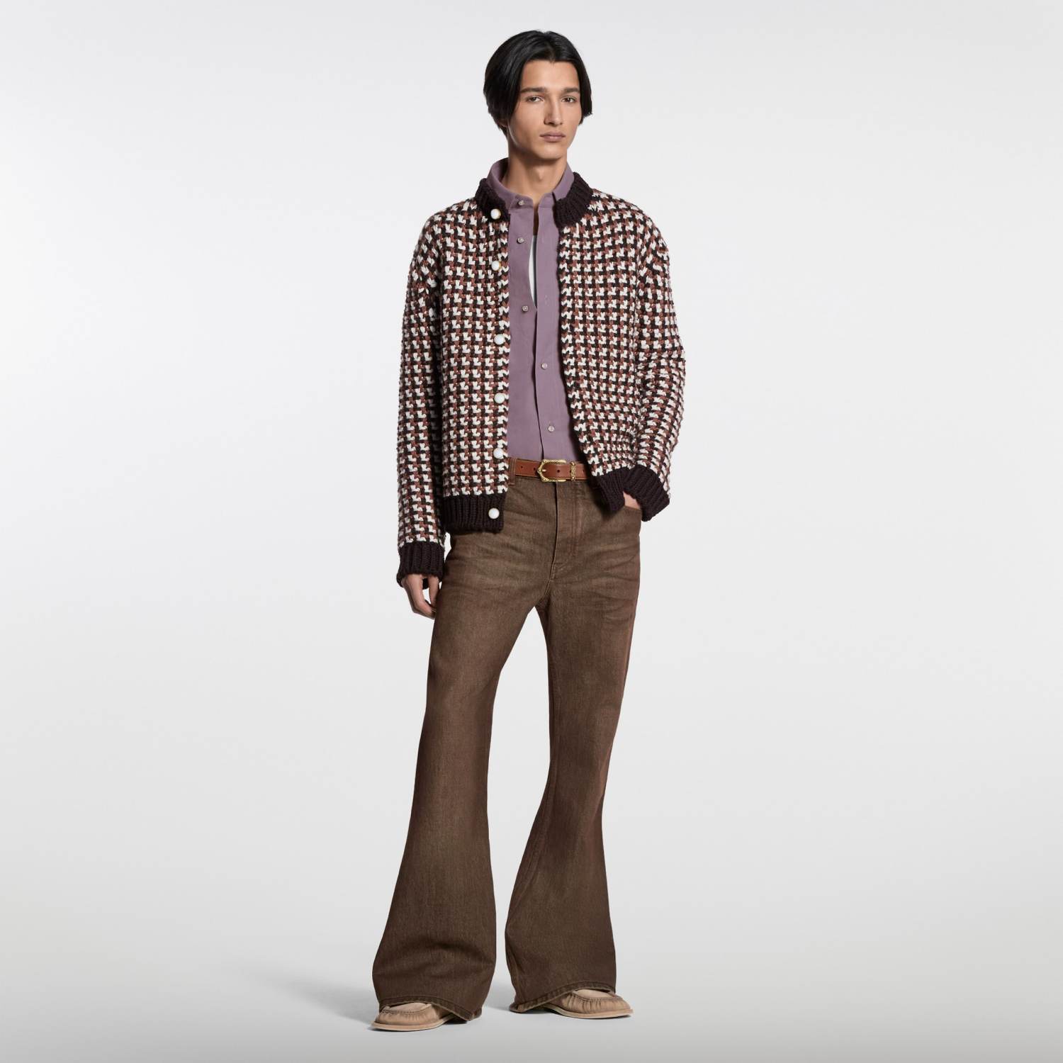 Men's Early Spring Houndstooth Chunky Knit Wool Cardigan Retro Elegant Color-Blocked Zipper Knit Cardigan Jacket #194500