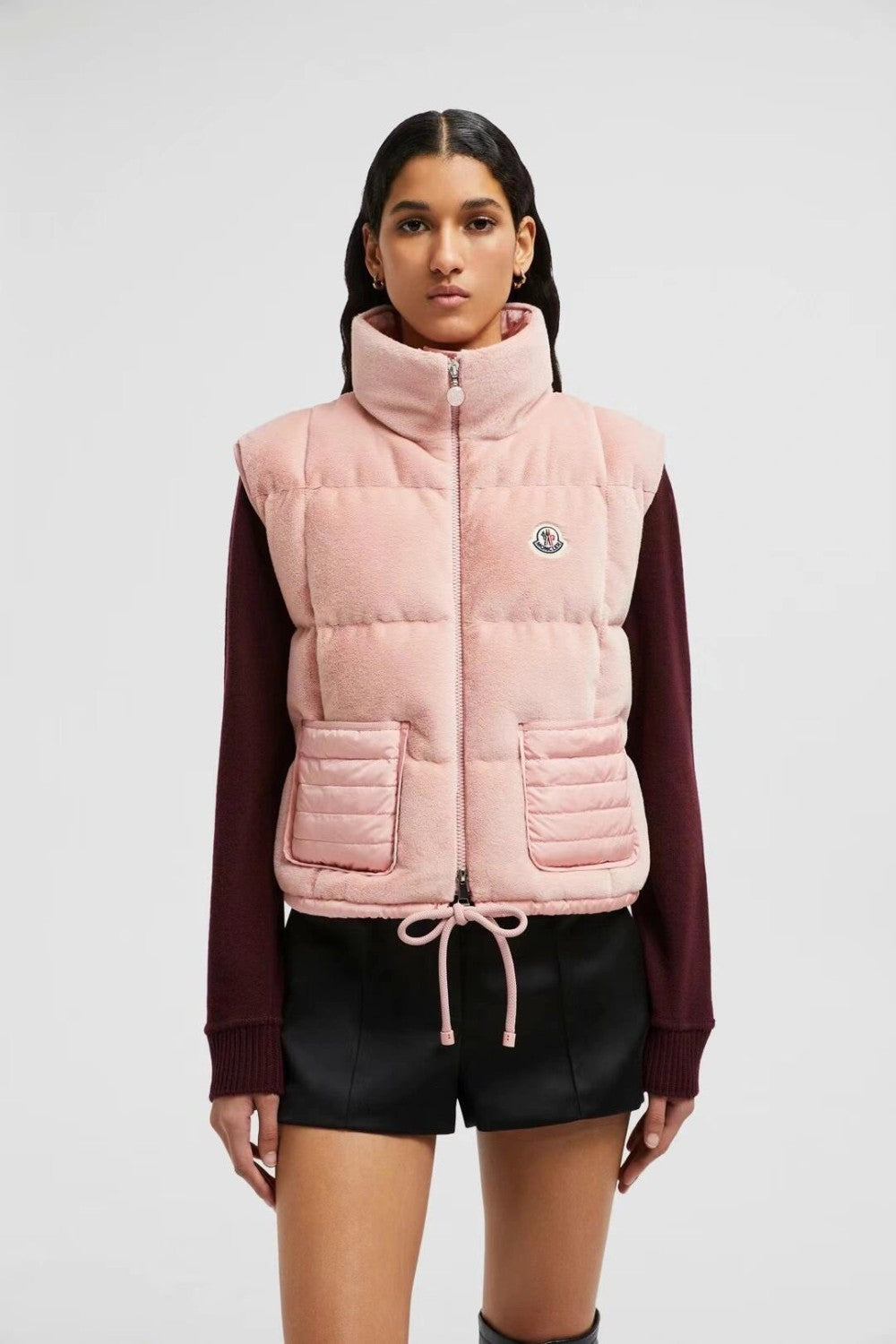 Women's Autumn and Winter Solid Color Embroidery Logo Zipper Drawstring Hem Puffer Down Vest Jacket #73235