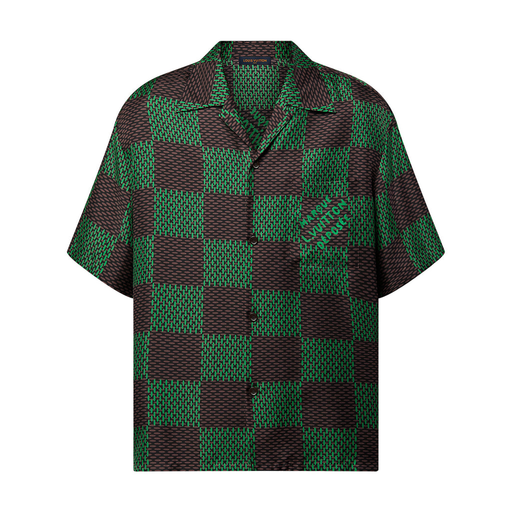 Men's Summer Green Checkerboard Logo Pattern Single Breasted Loose Short Sleeved Shirt High Waisted Elastic Leisure Shorts Pants Sei Suit #98616