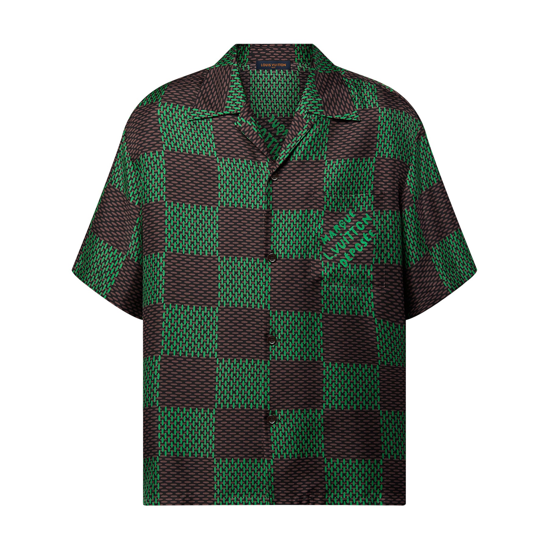 Men's Summer Green Checkerboard Logo Pattern Single Breasted Loose Short Sleeved Shirt High Waisted Elastic Leisure Shorts Pants Sei Suit #98616