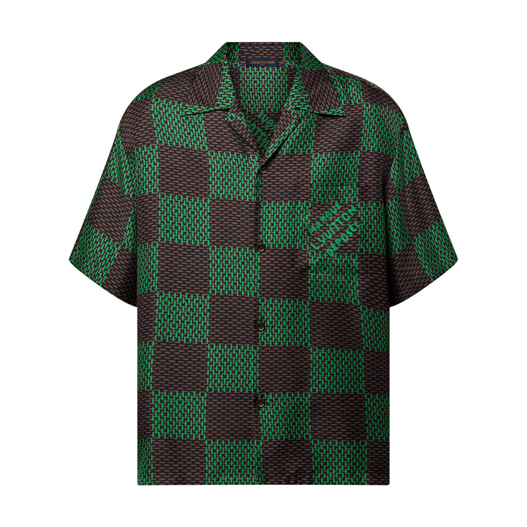 Men's Summer Green Checkerboard Logo Pattern Single Breasted Loose Short Sleeved Shirt High Waisted Elastic Leisure Shorts Pants Sei Suit #98616