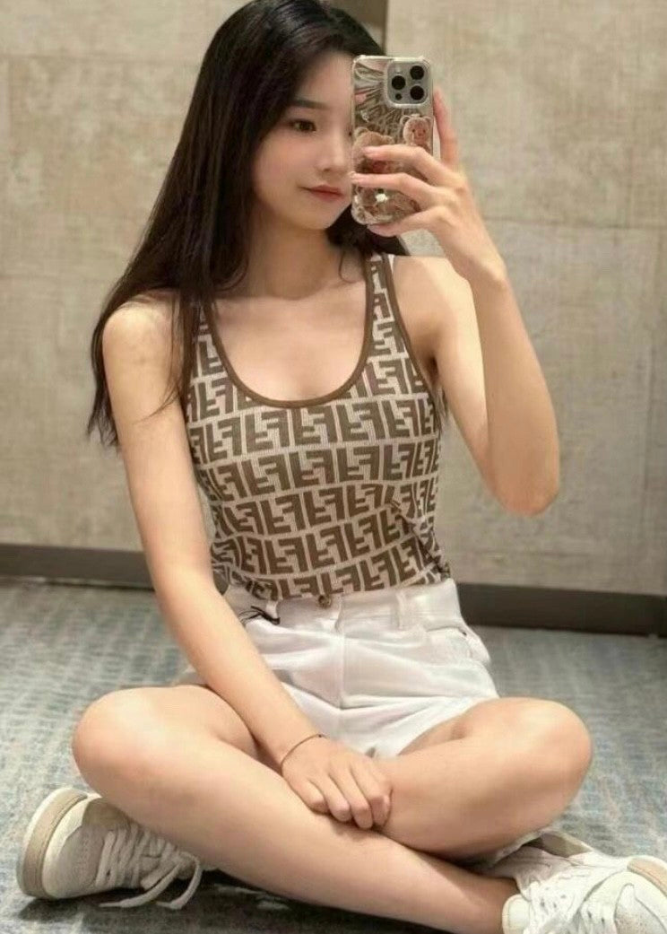 Women's Summer Brown FF Print Cotton Knit Top Fitted Sleeveless Vest #71529