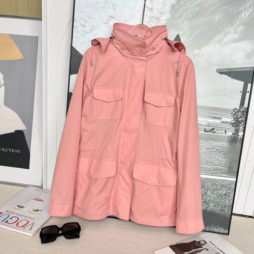 Women's Spring And Autumn Solid Color Windbreaker Jacket Hooded Pockets Stand-up Collar Jacket Fashion Casual Jacket Ngvp #8894